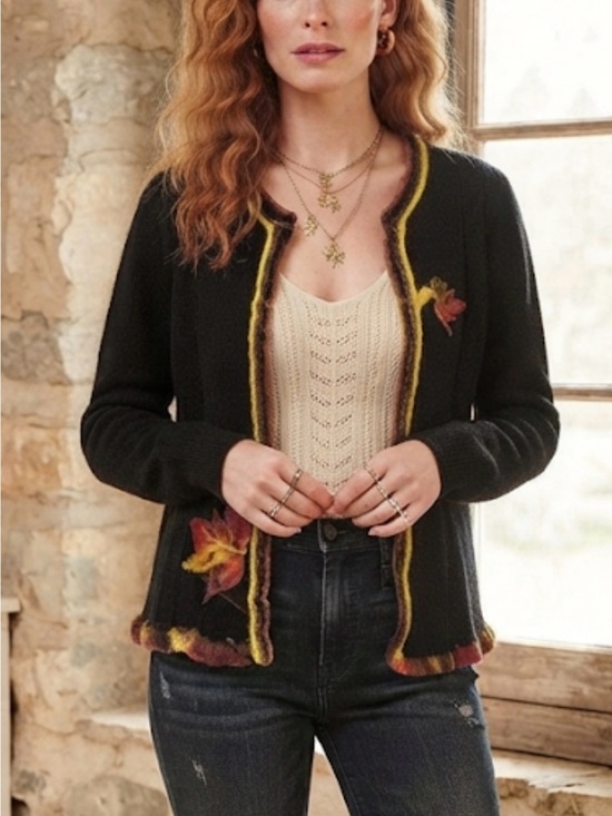 american blue Sweaters - Cottagecore American Blue Pure Cashmere Felted Leaf Artisan Cardigan M Boho Chic